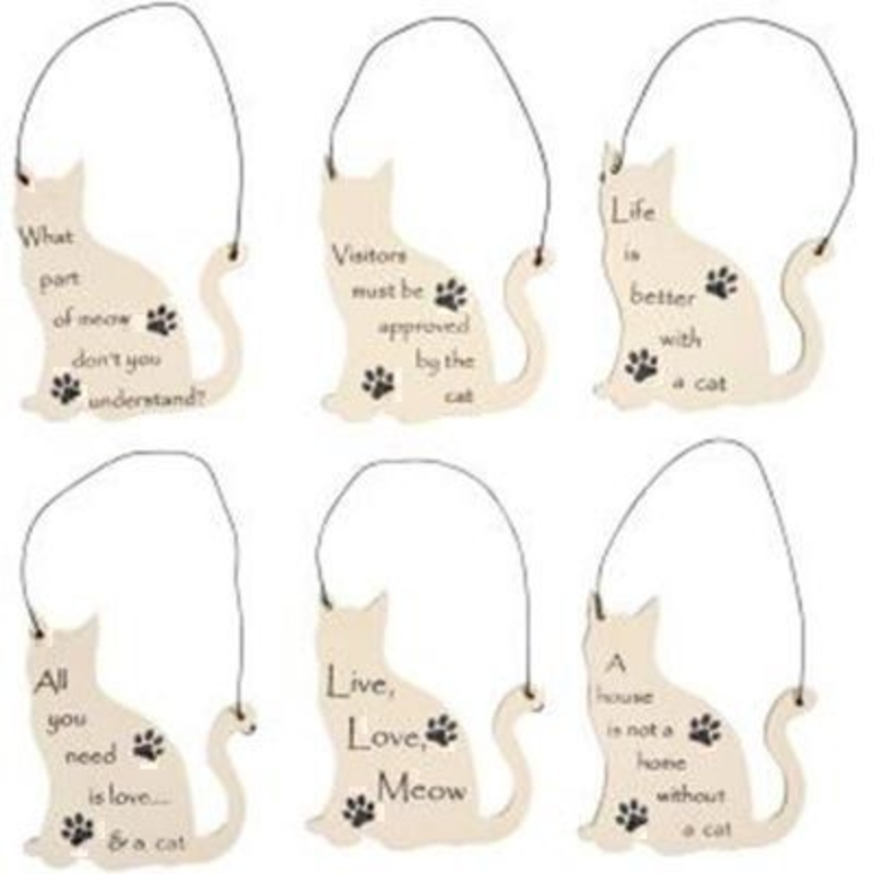 Choice of Mini Cat Shape Sign by Transomnia. Cream cat shaped sign with a hanging wire at the top, featuring a choice of sayings - 